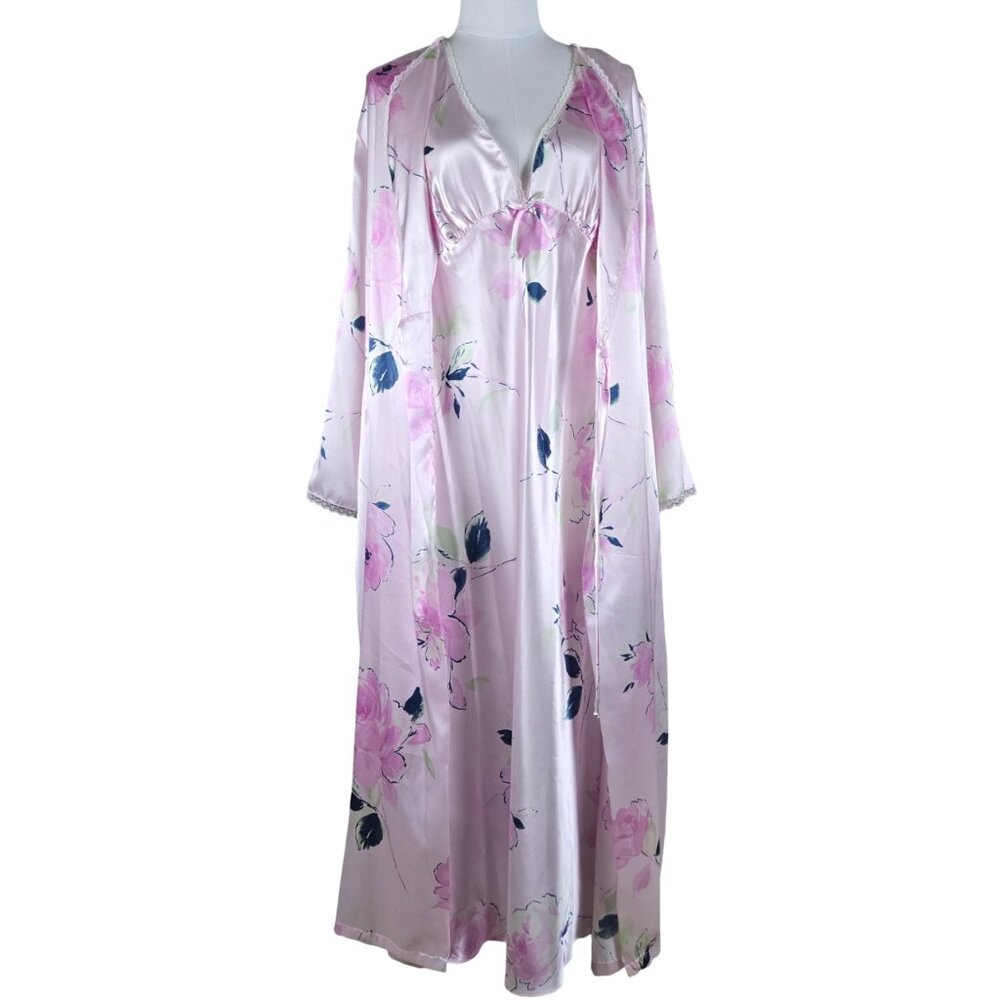 Robe and Nightgown Floral Lounge Peignoir Set, Robe S/M, Gown L, Like New
